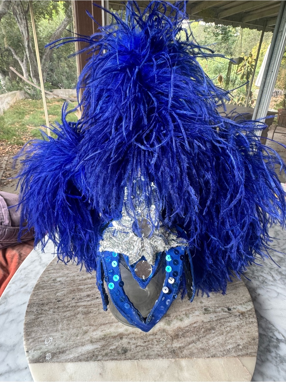 Vintage midcentury blue showgirl marabou feathered headpiece with sequins